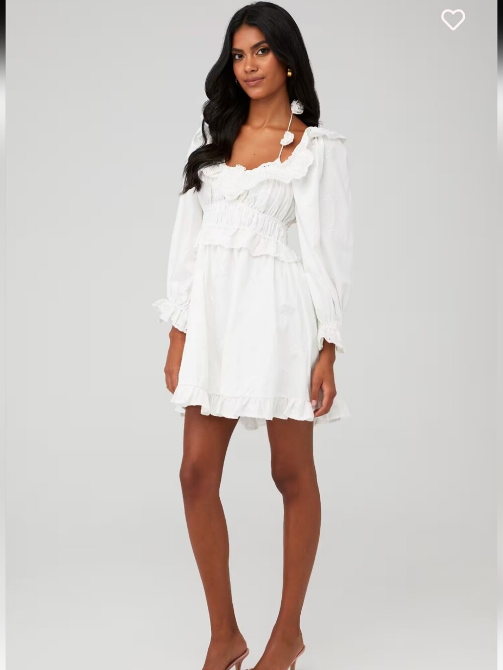 For Love & Lemons White Ruffled Square-Neck MiniDress Rose Eyelet Puff Sleeve XS